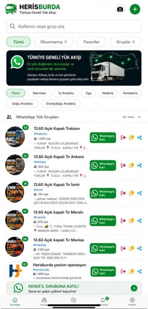 TÜRKİYE GENELİNDE TÜM İLLER İÇİN WHATSAPP YÜK GRUPLARI KURULDU